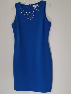 Badgley Mischka Royal Blue Midi Dress with Gold Stud Accents, Size 12